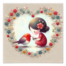 Douce Robin et petite fille Cœur floral