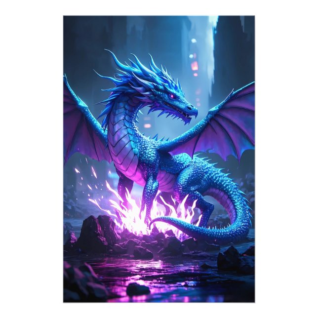 Impression Photo Dragon à flamme bleue - Imaginaire Mur Art" (Devant)
