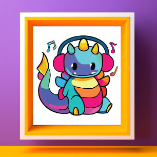 Impression Photo Dragon heureux avec des écouteurs en train d'écout