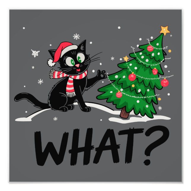 Impression Photo Drôle Chat Noir Poussant Arbre De Noël Chat Quoi ? (Devant)