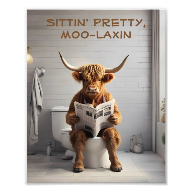 Impression Photo Écossais Vache Highland assis sur les toilettes Dr (Devant)