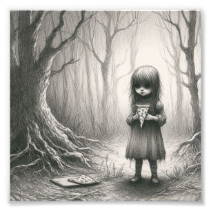 Impression Photo Éffrayante fille avec Pizza Horreur Illustration D