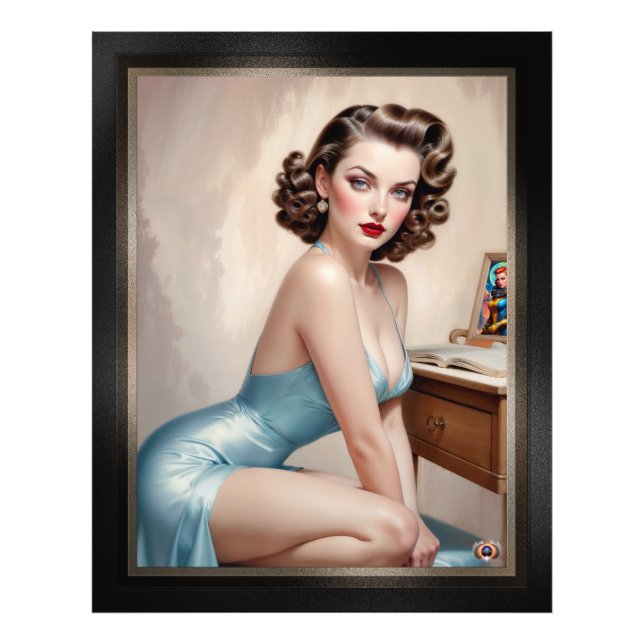 Impression Photo Élégant Épinglette Beauté de fille en bleu satiné  (Devant)