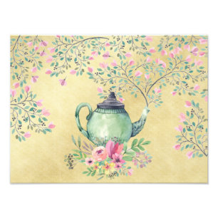 Impression Photo Elégante Aquarelle Teapot et Fleurs Or
