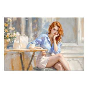 Impression Photo Elégante jeune femme en bleu et blanc dans un café