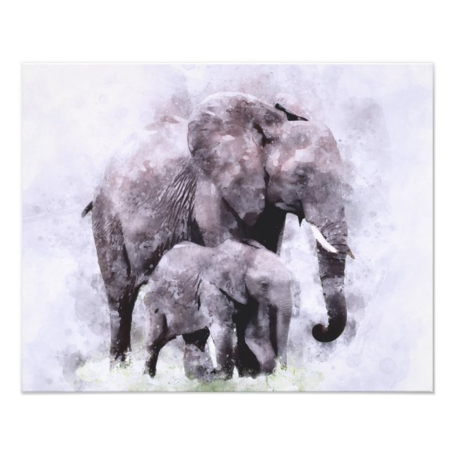 Impression Photo Eléphant africain avec aquarelle de veau (Devant)