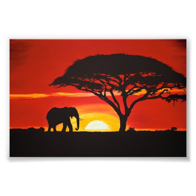 Impression Photo Eléphant africain, Coucher de soleil, Afrique, Déc (Devant)