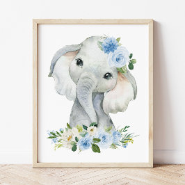 Impression Photo Elephant, Safari, Fleurs Bleues, Garçon Nursery