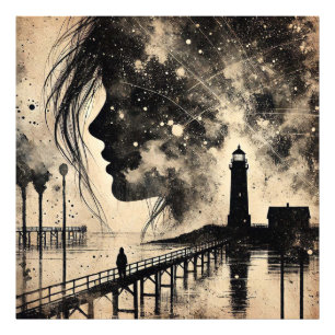 Impression Photo Femme à double exposition avec phare et mouette