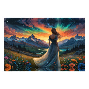 Impression Photo Femme au champ floral Sunrise au-dessus du lac Mou