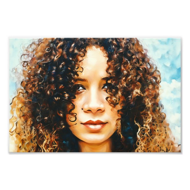 Impression Photo Femme aux cheveux bouclés sous le ciel bleu Arrièr (Devant)