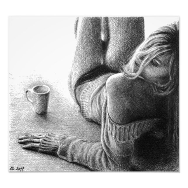 Impression Photo Femme avec café matin Crayon dessin art (Devant)