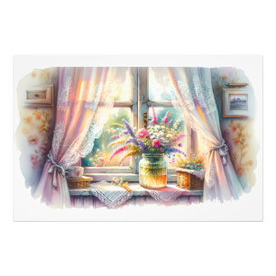 Impression Photo Fenêtre de cottage ensoleillée avec fleurs sauvage