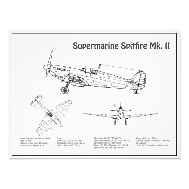 Impression Photo Feu Spitfire Supermarine - Plan d'avion BD (Devant)