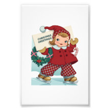Fille patinant à glace Salutations de Noël rétro