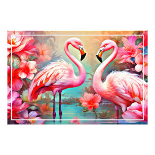 Impression Photo Flamants roses roses dans un lac avec fleurs-20231