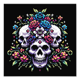 Impression Photo Fleur gothique - Mystique floral crâne Pixel Art
