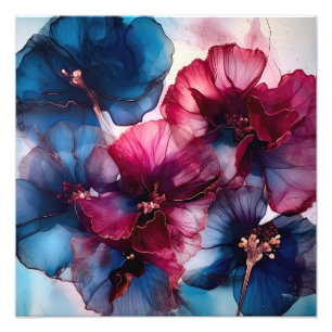 Impression Photo Fleurs Abstraites bleues et bordeaux