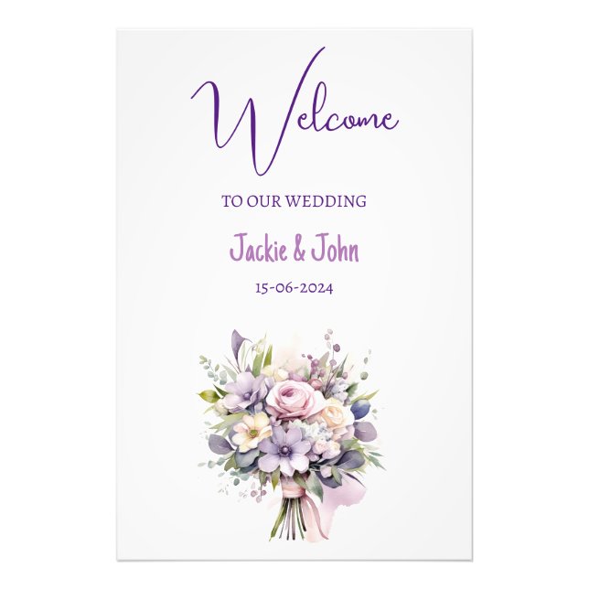 Impression Photo Fleurs aquarelles. Affiche de bienvenue mariage. (Devant)