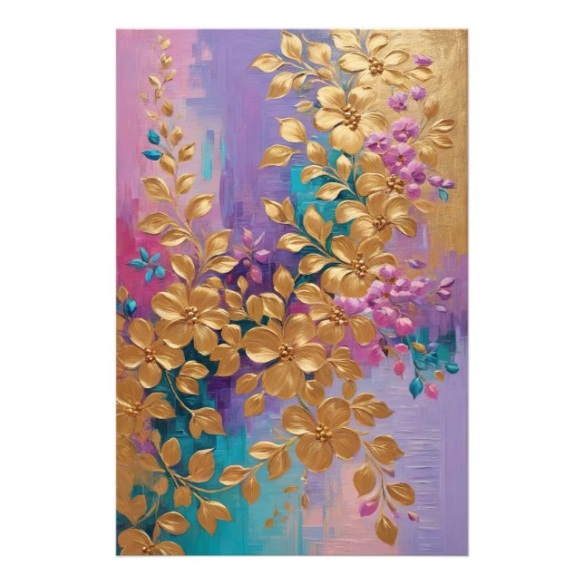 Impression Photo Fleurs D'Or Peintes Sur Lilac Rose Turquoise (Devant)