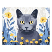 Fleurs Jaunes Chat Bleu Russe