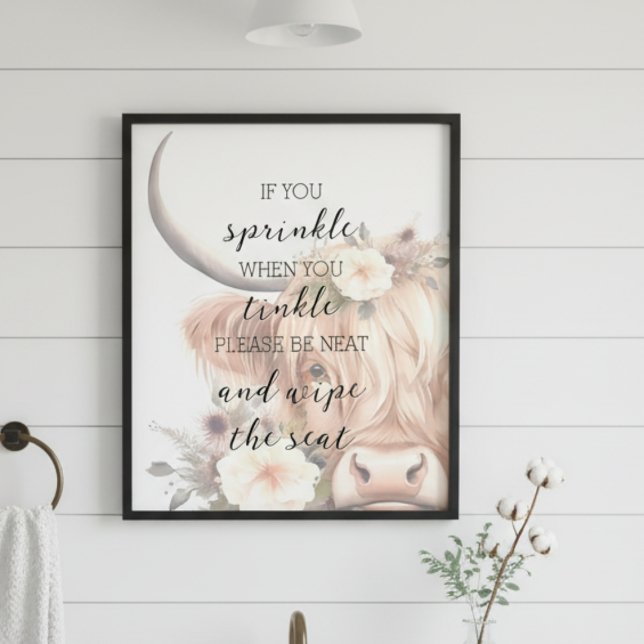 Impression Photo Floral Highland Cow Animal salle de bain Wall Art  (floral highland cow bathroom sign art work wall art for humor funny sayings quote)