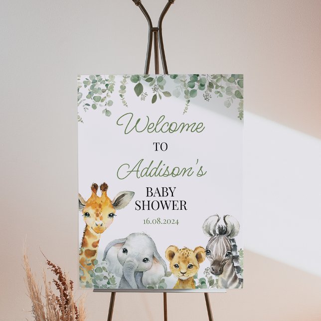 Impression Photo Foliage Green Safari Baby shower Affiche de bienve (Greenery Safari Baby Shower Invitation, Foliage Safari Baby Shower Invite, Jungle Animals Themed, )