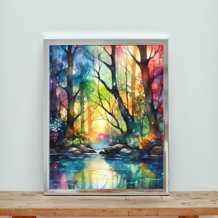 Impression Photo Forêt d'aquarelle arc-en-ciel enchantée
