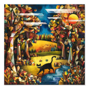 Impression Photo Forêt d'automne cubiste avec rivière et prairie