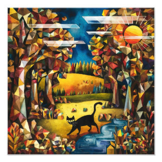 Impression Photo Forêt d'automne cubiste avec rivière et prairie