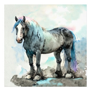 Impression Photo Gentil Cheval de Trait Shire Aquarelle Bleu