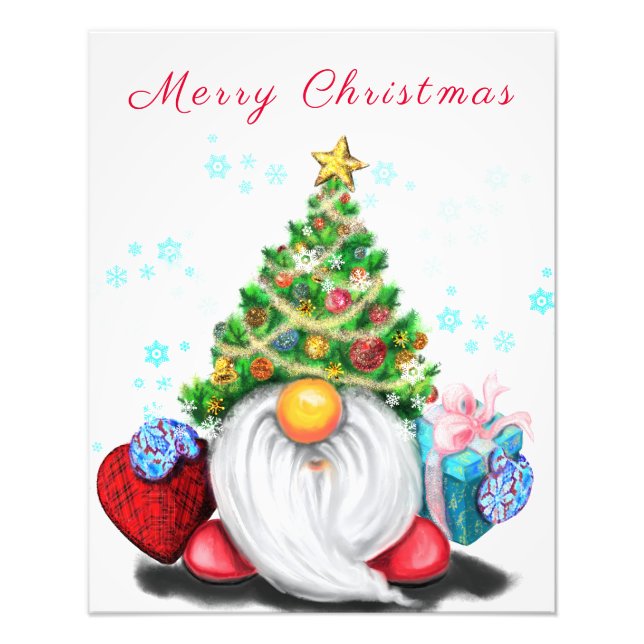 Impression Photo Gnome avec sapin de Noël Casquette et cadeau (Devant)