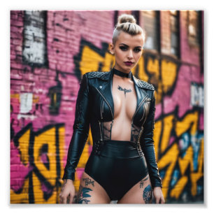 Impression Photo Goth Cyber Punk Girl Graffiti Alley Cuir noir