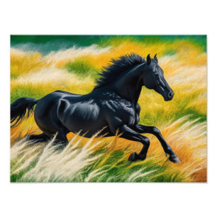 Impression Photo Graceful Black Horse Galloping dans le champ animé