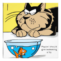 Grand chat, petit poisson rouge. Texte modifiable.