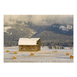 Impression Photo Grange rustique et balles de foin après une neige 