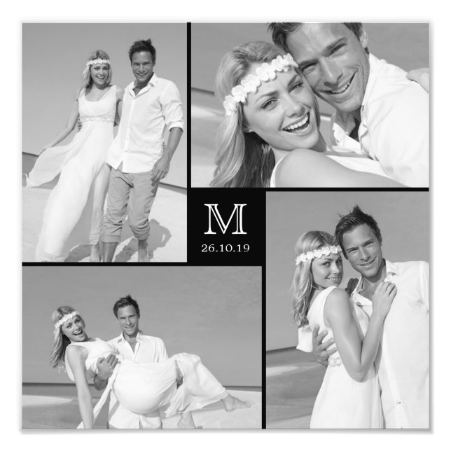 Impression Photo Grille élégante Carré noir Monogramme 4 Mariage ph (Devant)