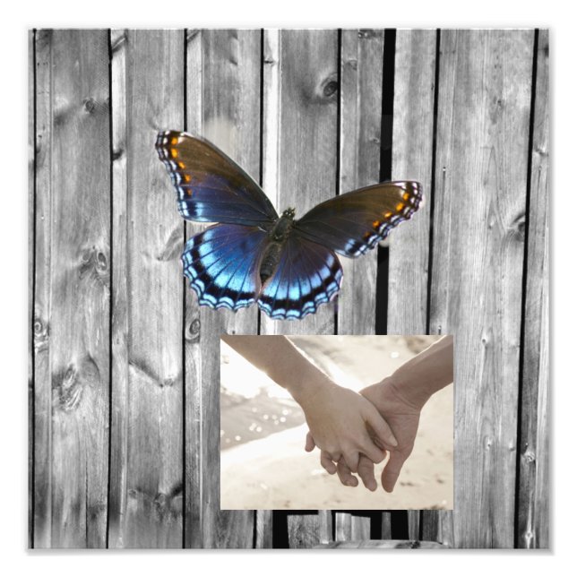 Impression Photo Gris Grange Bois BLue Papillon Mariage (Devant)