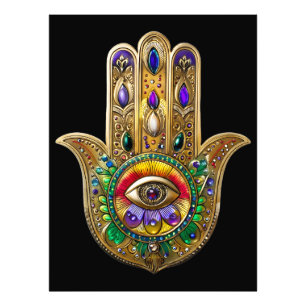Impression Photo Hamsa Améthyste Rubis Troisième Œil Peint en Or