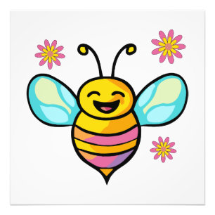 Impression Photo Heureux bébé abeille souriante avec des fleurs.