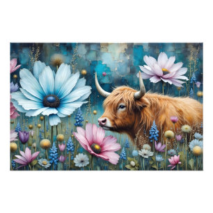 Impression Photo Highland Cow Floral Coloré Cosmos Tapestry II