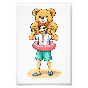 Impression Photo Homme de dessin animé mignon avec un ours en peluc
