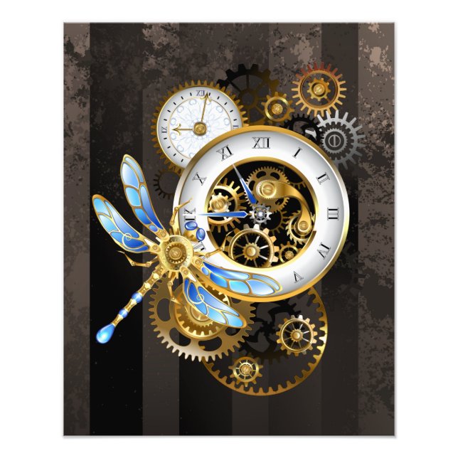 Impression Photo Horloge à vapeur avec libellule mécanique (Devant)