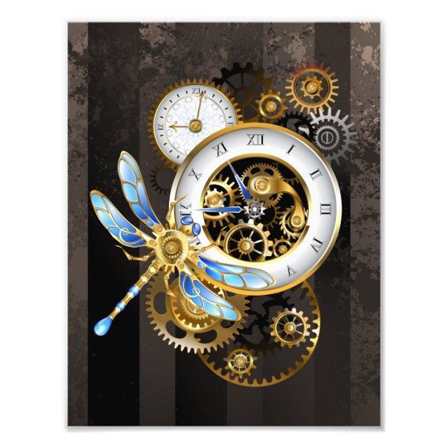 Impression Photo Horloge à vapeur avec libellule mécanique (Devant)