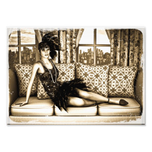Impression Photo Illustration de femme Flapper Art Déco sépia