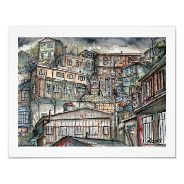 Impression Photo Invierno en los cerros de Valparaíso (acuarela). (Devant)