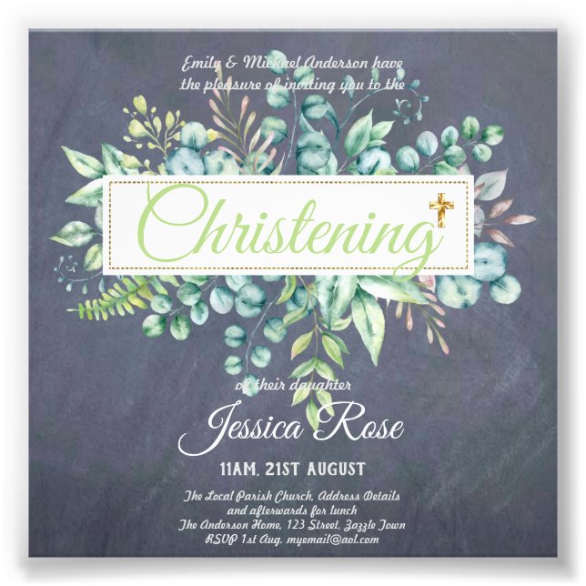 Impression Photo Invitations Christening Eucalyptus Budget vert (Devant)