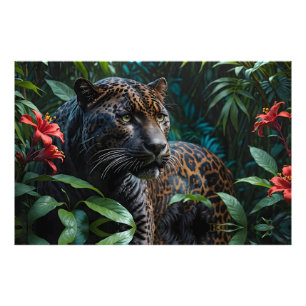 Impression Photo Jaguar mélaniste dans la jungle Fleurs rouges