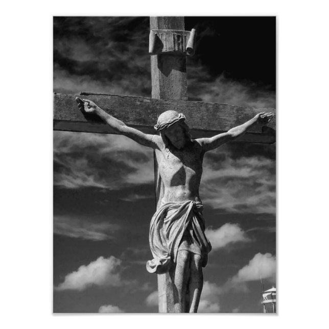 Impression Photo Jésus noir et blanc sur une croix (Devant)