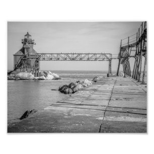 Impression Photo Jetée phare de Sturgeon Bay Noir et blanc